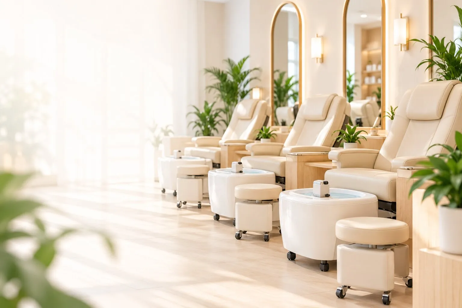 Row of cream pedicure chairs in a bright salon