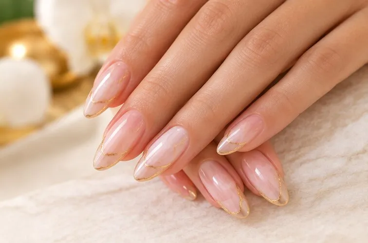 Gel-X nails with a fine gold line