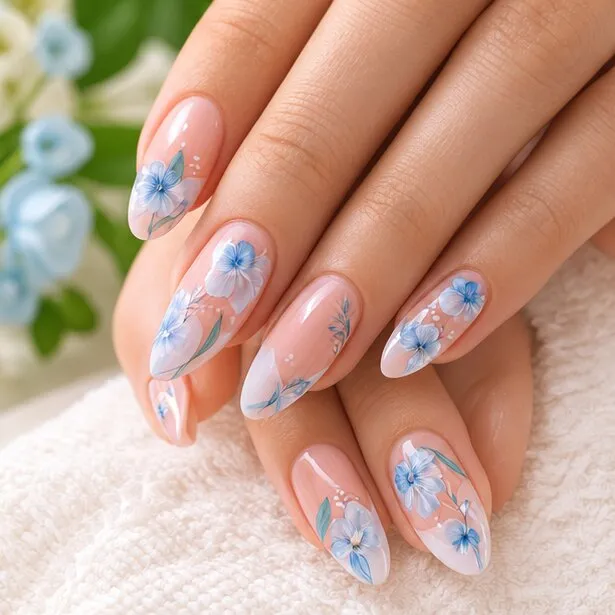 Light blue floral nail art