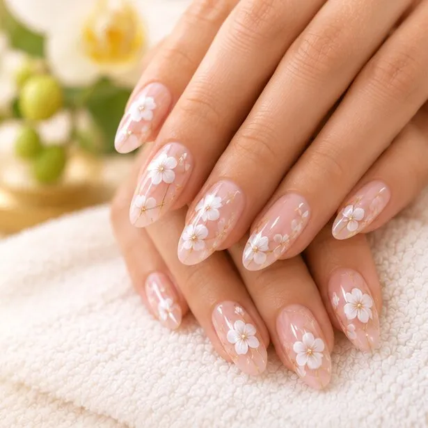 Small white flower design on nude nails