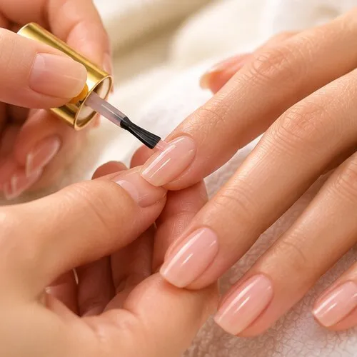 Nail technician painting nude polish