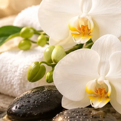 White orchid with spa stones